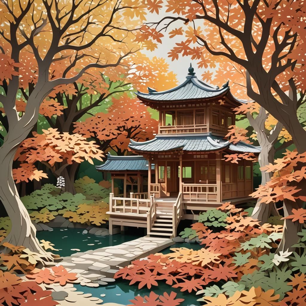 Kirigami Teahouse Amidst Vibrant Autumn Maples