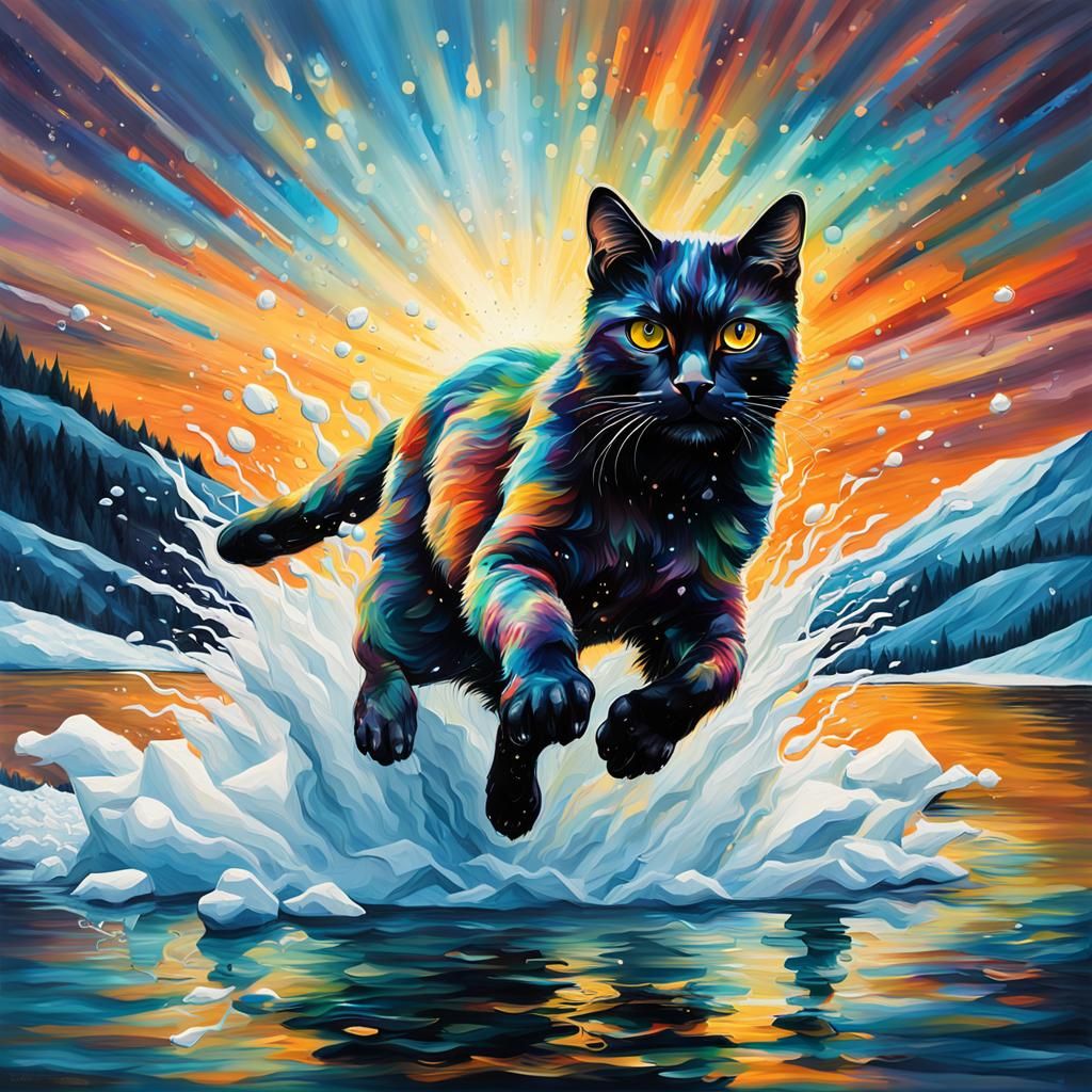 Metal Cat Emerges from Lake: Hyperrealistic Splash Art