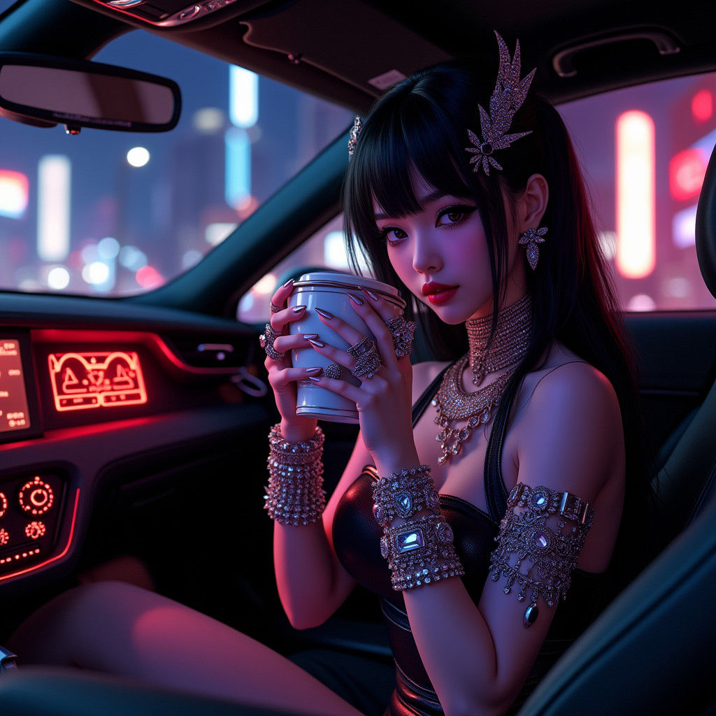 Kuromi in Neon-Lit Car Interior, in Hyper-Realistic Style