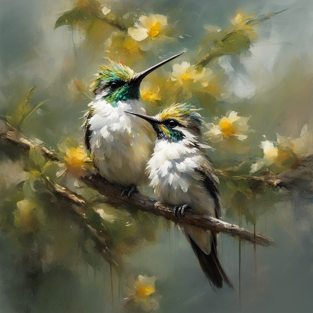 Hummingbird Chicks on Apple Blossom Tree as Fine Art