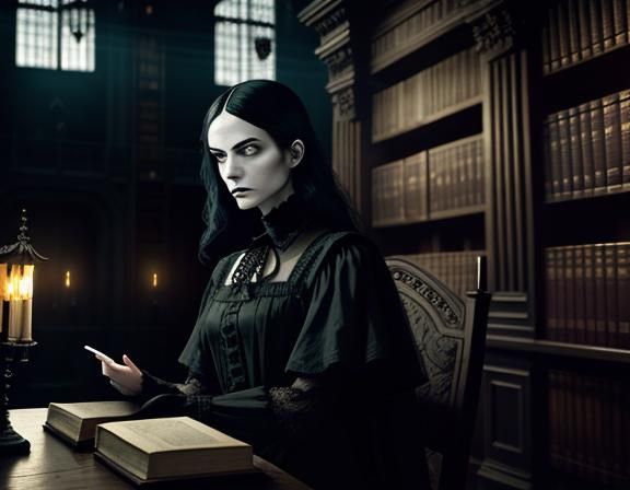 Gothic Woman in Mysterious Library Digital Art