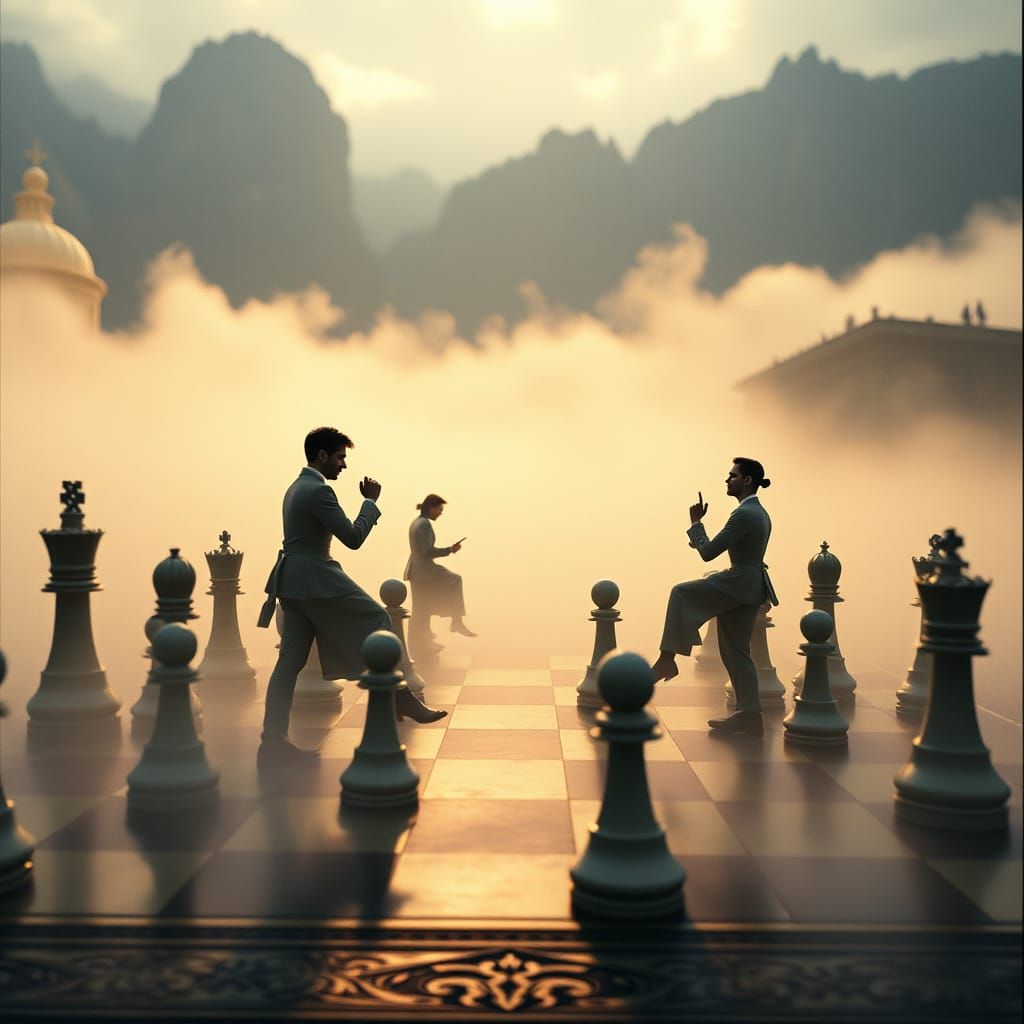 Cinematic Chess Players in Misty Landscape