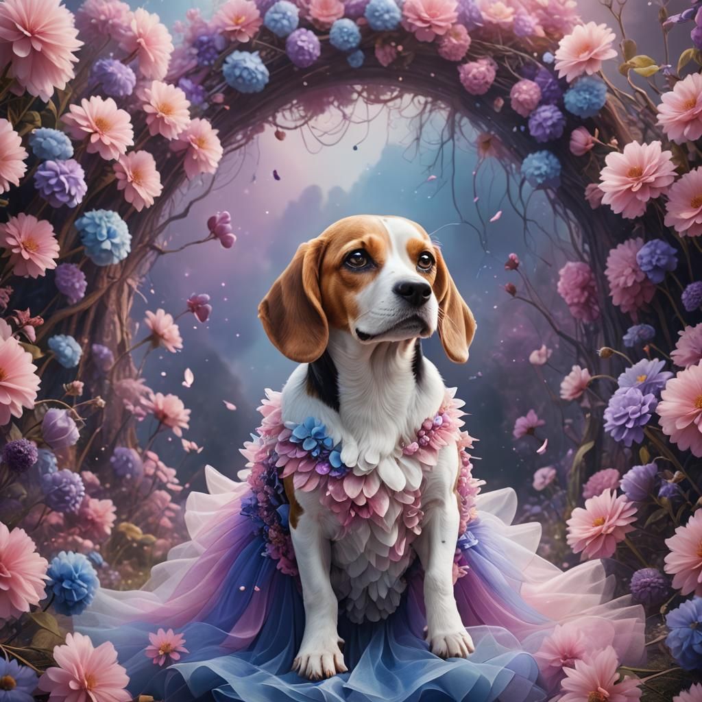 Beagle in Fluffy Tulle Dress: Fantasy Concept Art