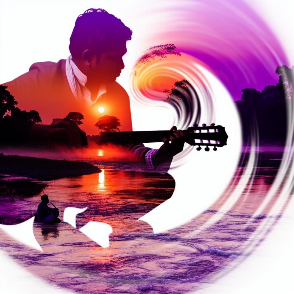 Sunset River Guitarist in Double Exposure