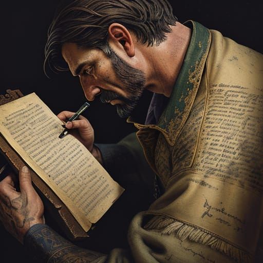 Archivist With Pipe Examines Parchment in Dimly Lit Study