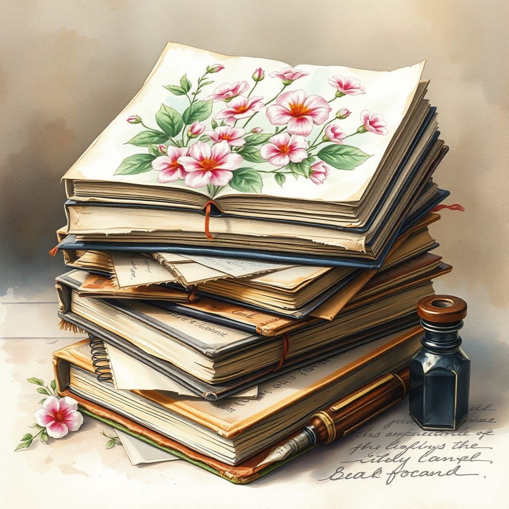 Watercolor Stack of Vintage Journals with Blooming Flowers