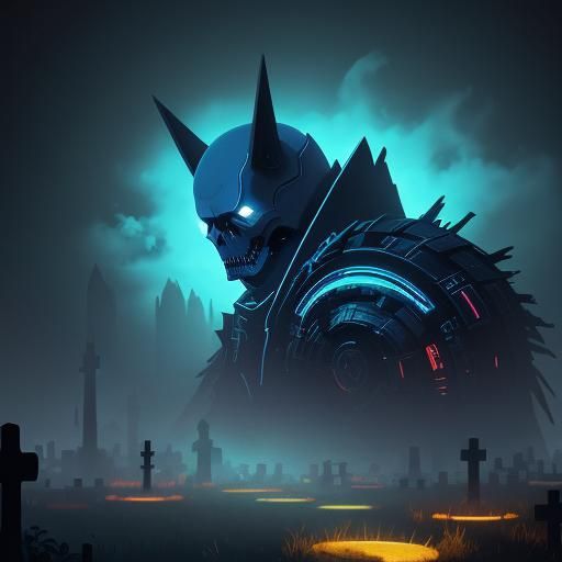 Neon Pixel Art: Blinky Ghost in Cemetery