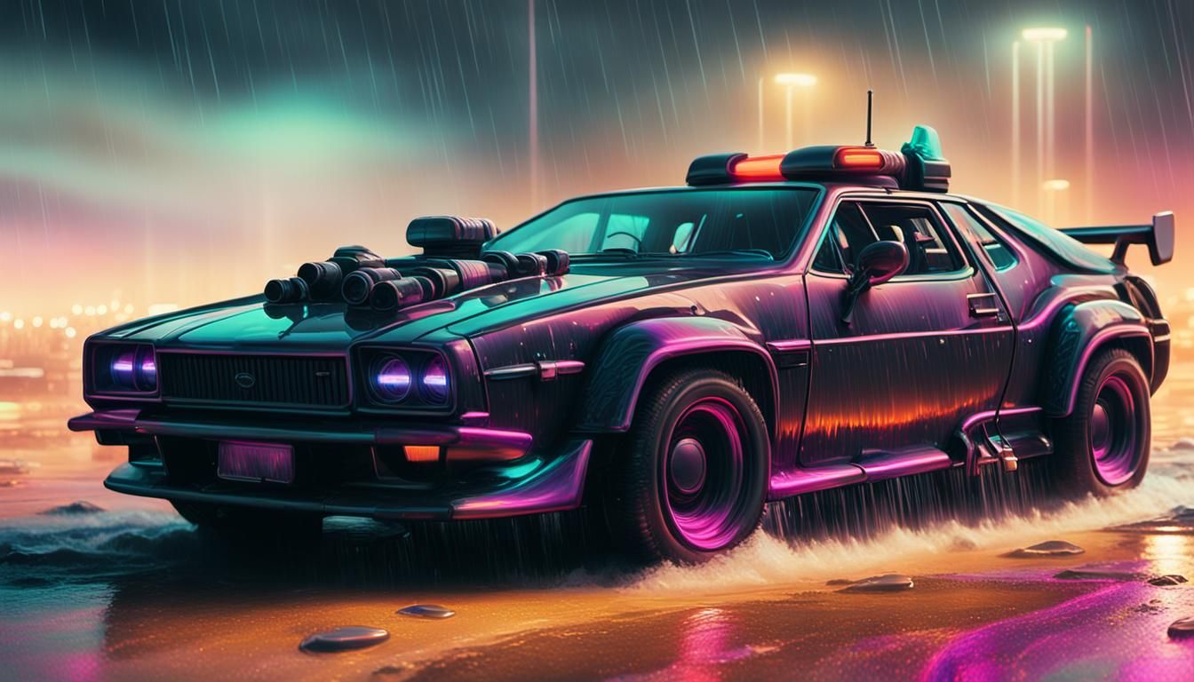 Synthwave Neon Cityscape Reflecting on Wet Pavement