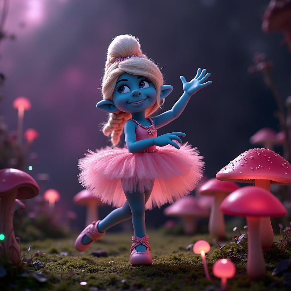 Whimsical Pink Smurf Dances in Fairyland Mushroom Garden