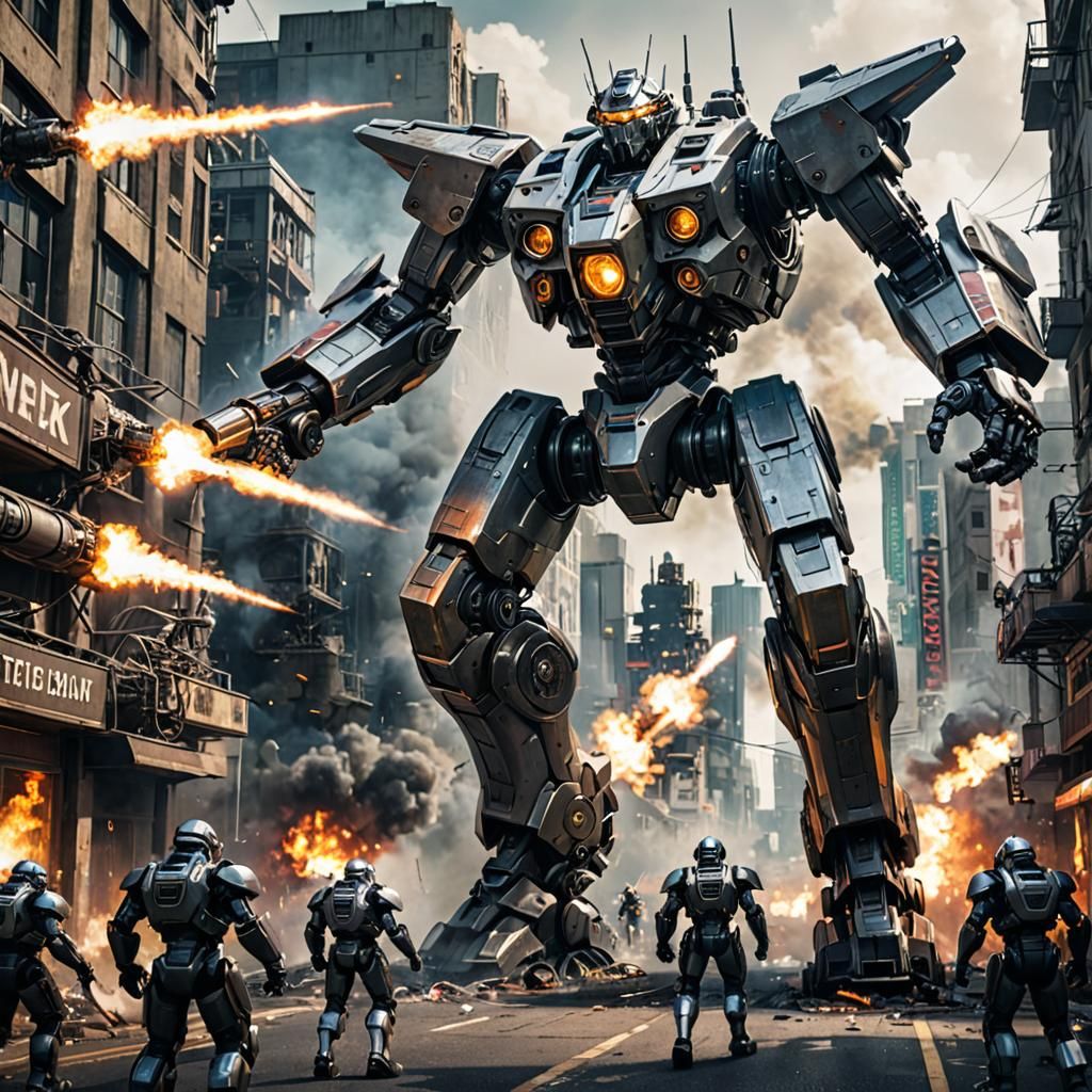 Epic Mecha Battle in Futuristic Cityscape