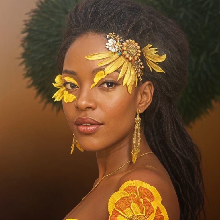 The African queen, adorned with regal elegance, graced the earth with her majestic presence. Her radiance illuminated th...