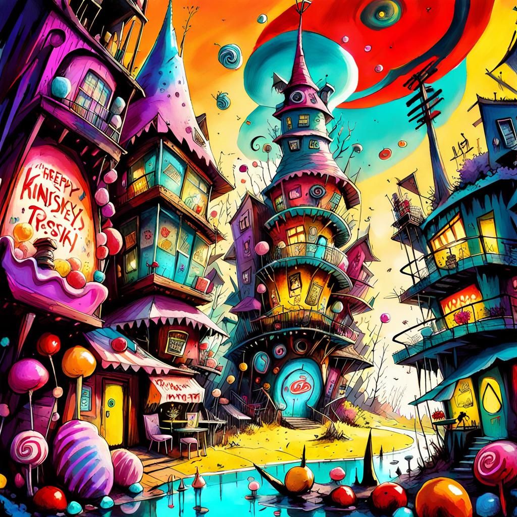 Candy Hotel Dreamscape: Whimsical Ink Illustration
