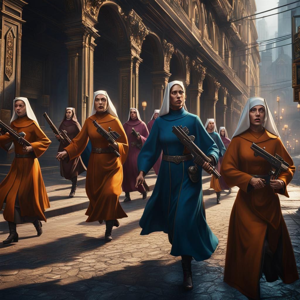 Priest and Nuns Chase in City, Fantasy Art