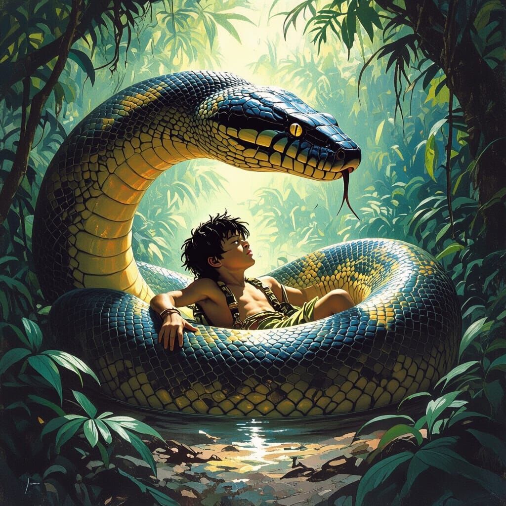Boy Consumed by Anaconda in Eerie Jungle Style