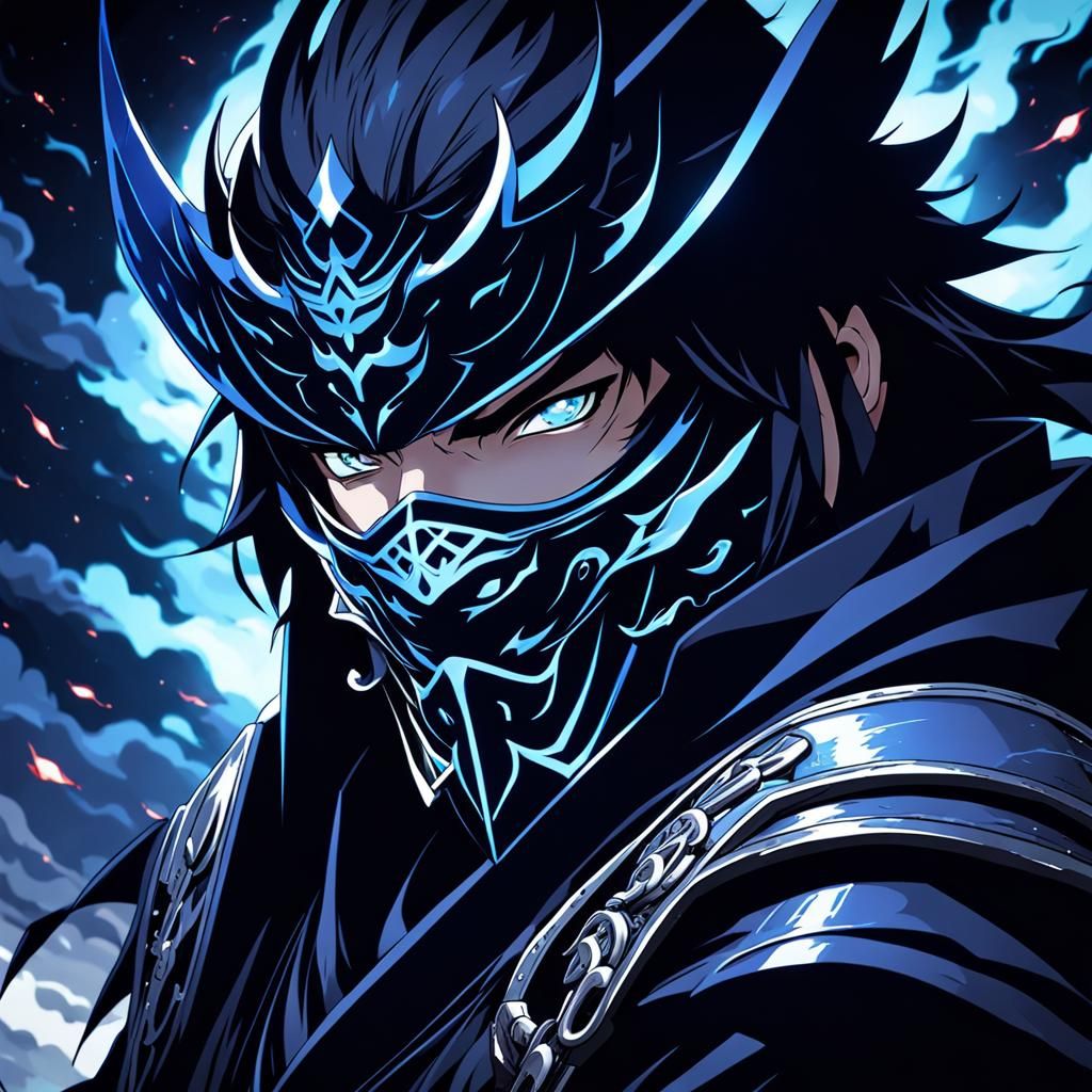 Ninja Mage with Oni Mask in Dark Fantasy Anime