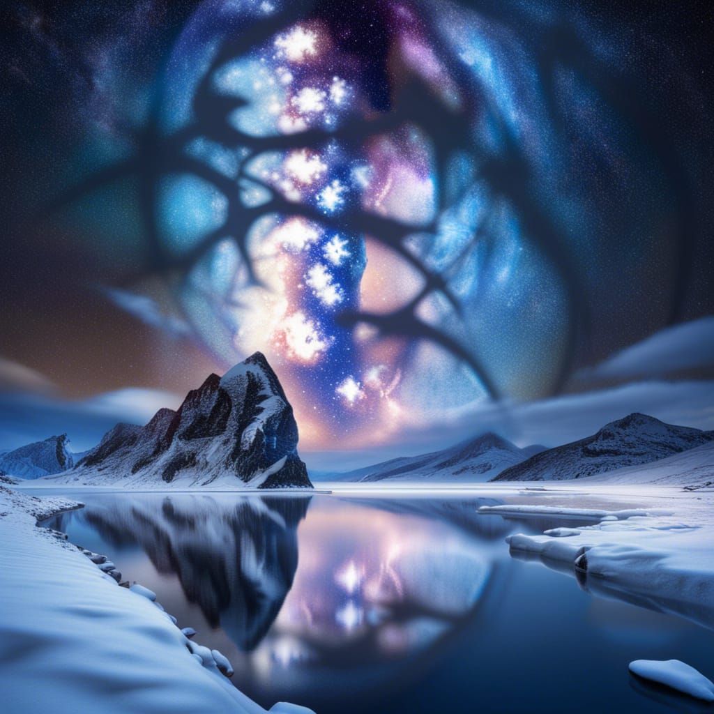 Icy Portal Reflecting Galaxy: Detailed Watercolor Art