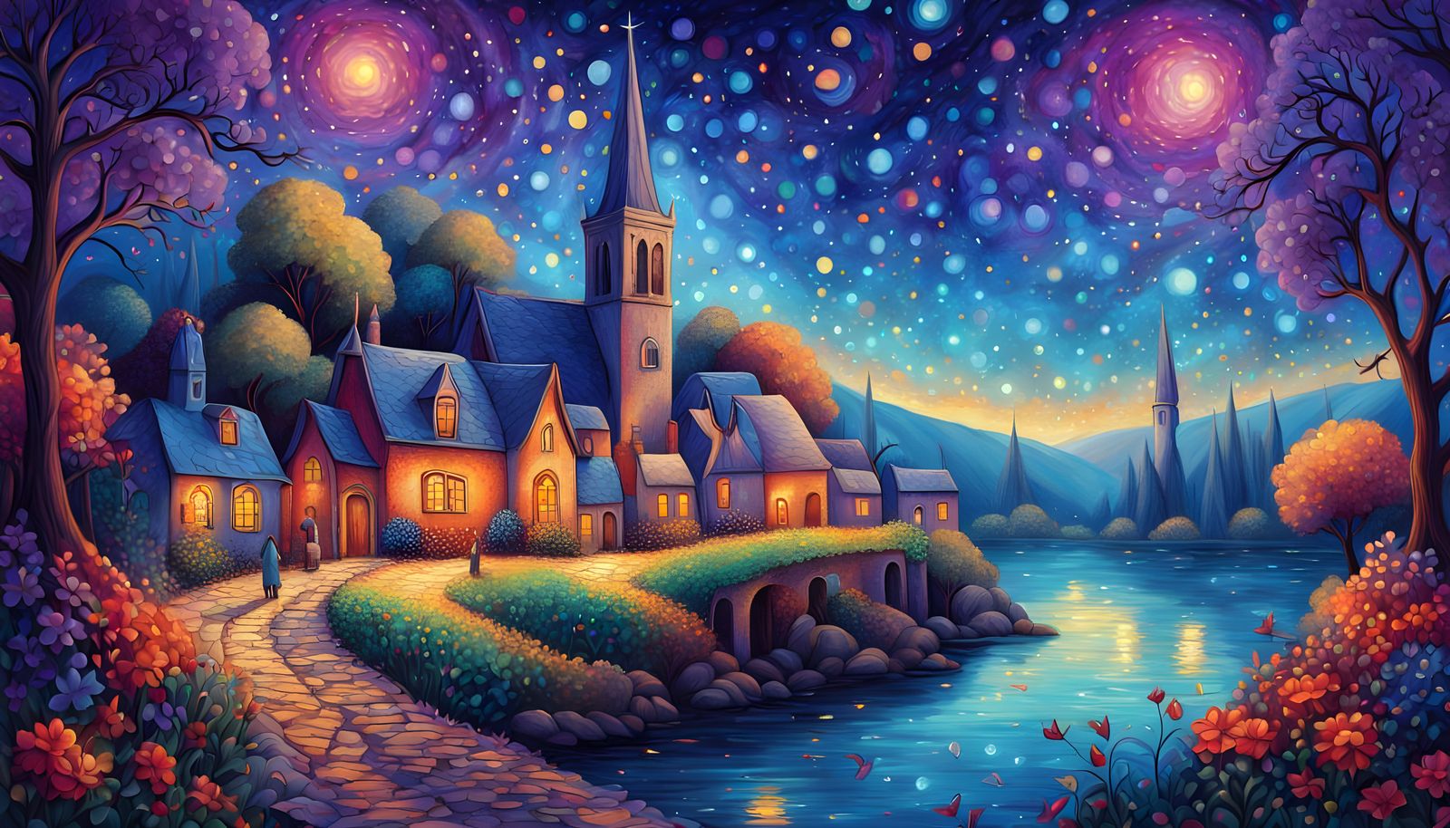 Seurat-Inspired Village Scene Under a Starry Night Sky
