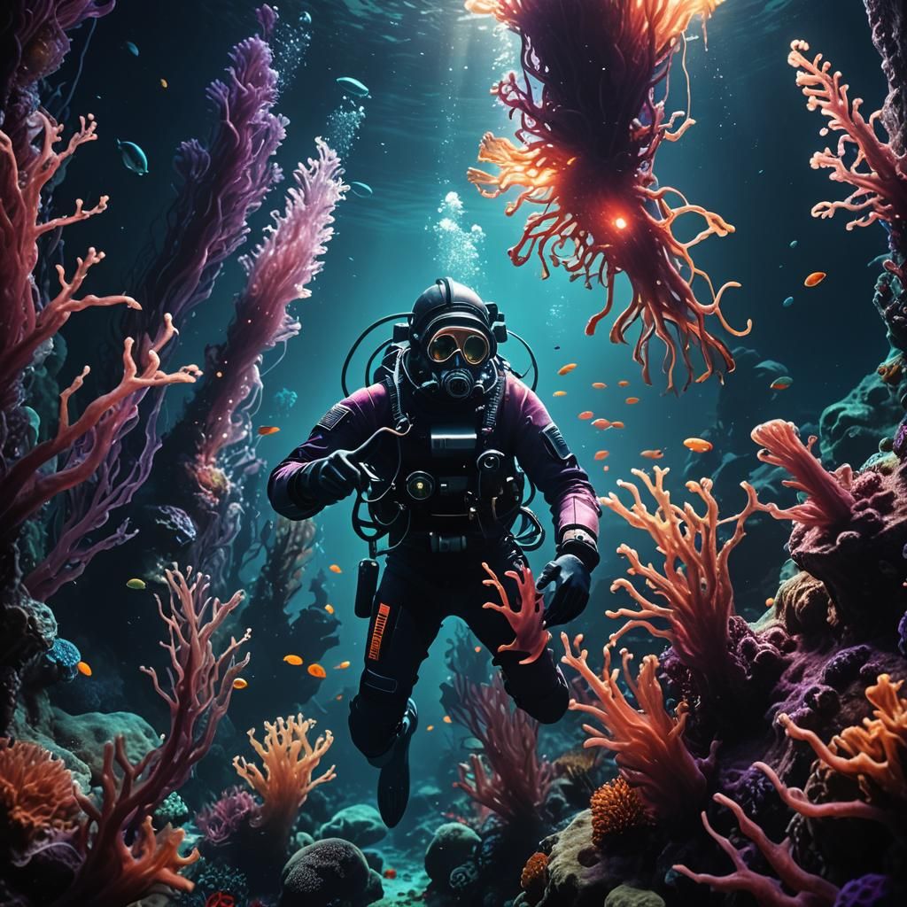 Bioluminescent Abyss: Diver in a Gothic Dark Fantasy