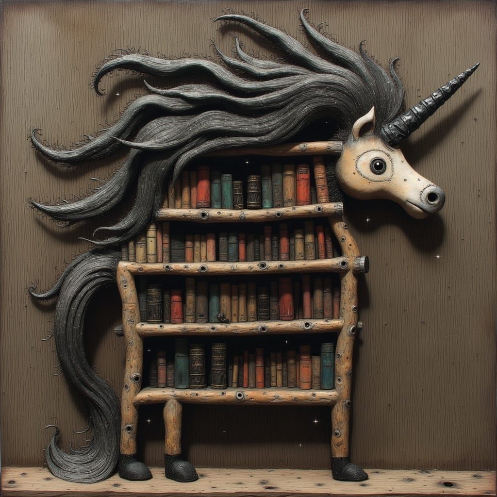 Whimsical Rustic Unicorn Bookcase in Distressed Wood Finery