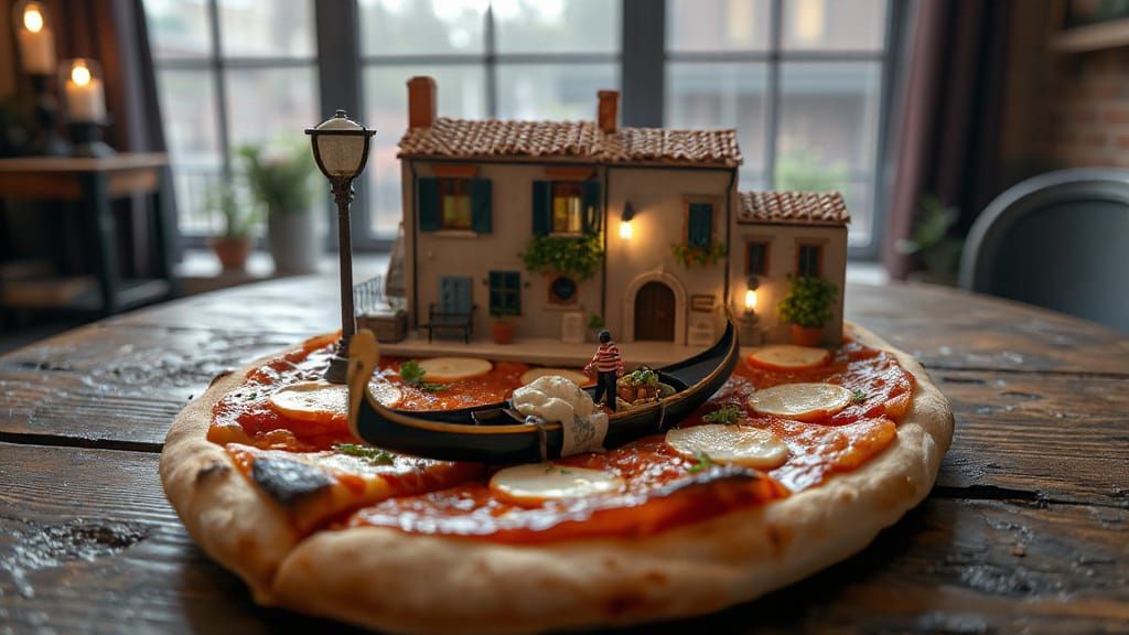 Miniature Italian Town on Pizza Slice, 3D Render