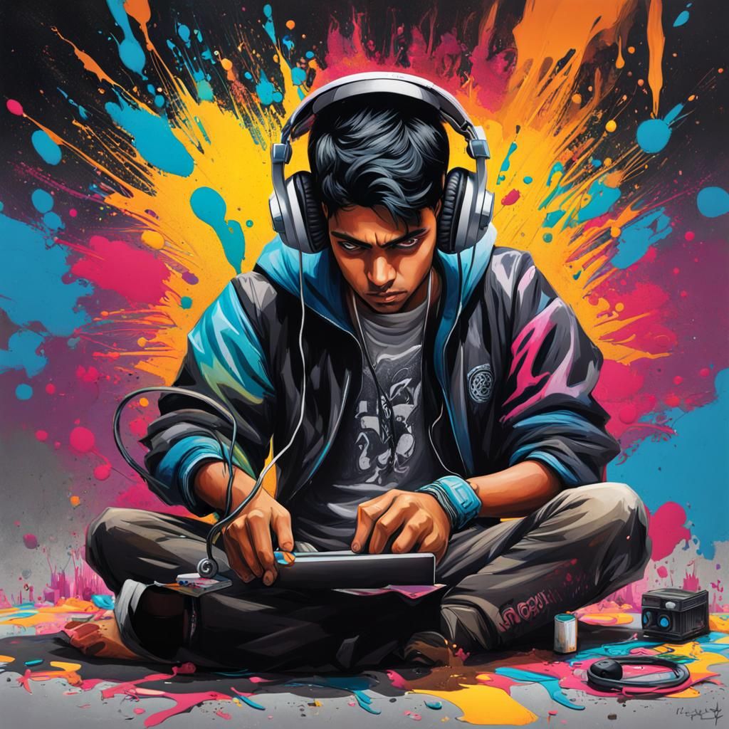 Cyberpunk Indian Boy with Computer, Graffiti Art