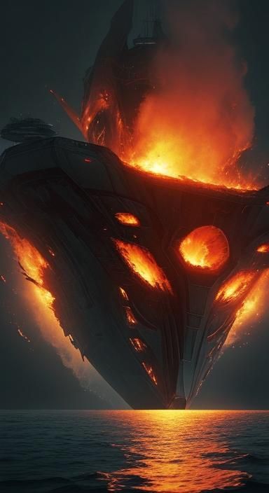 Burning Alien Spaceship Over Water