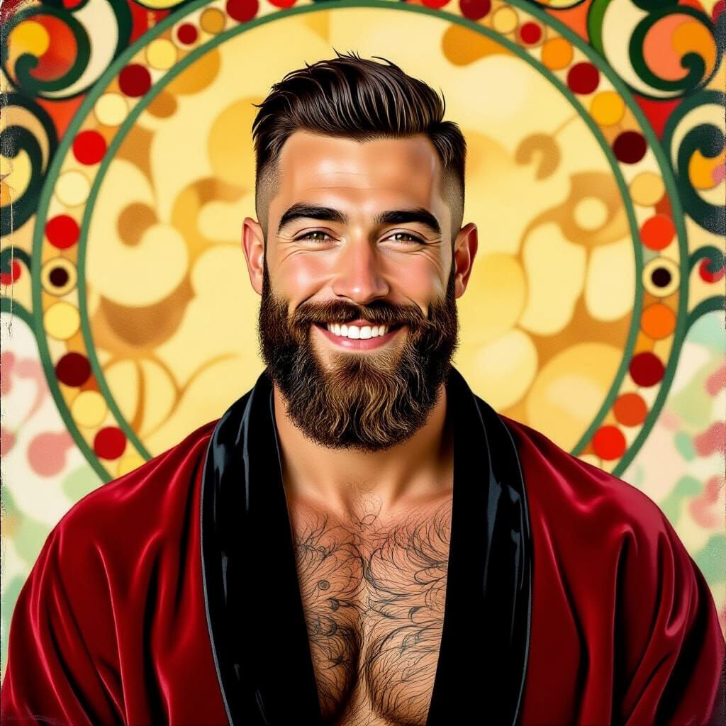 Bearded Man in Red Robe, Klimt-Inspired Portrait
