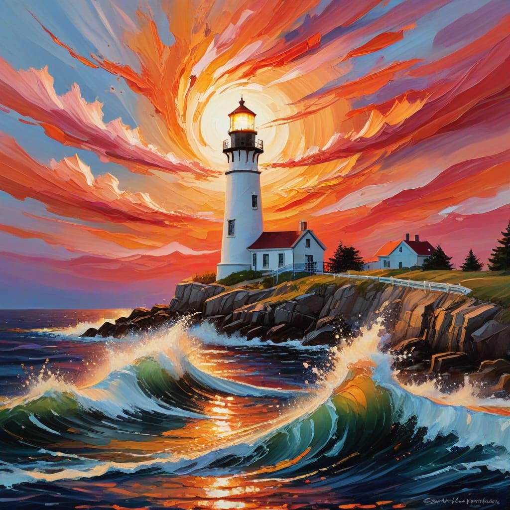 Cape Elizabeth Lighthouse Sunset: Abstract Oil Painting