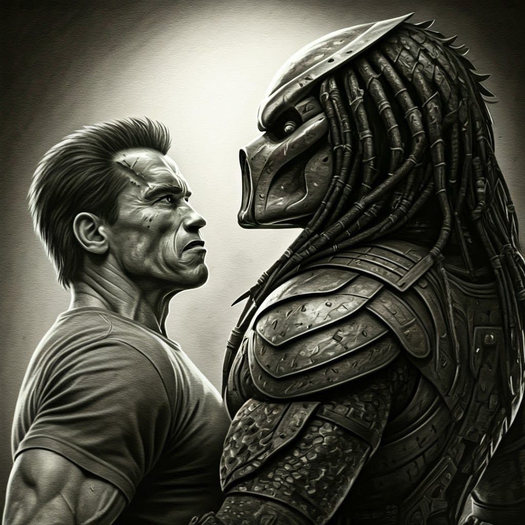 Predator vs Schwarzenegger: Hyperdetailed Charcoal Drawing