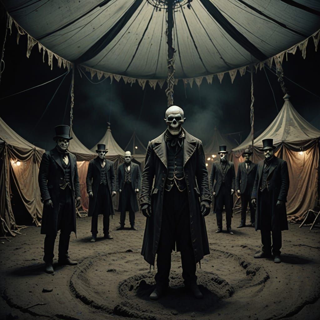 Grotesque Circus Performers in Dimly Lit Big Top