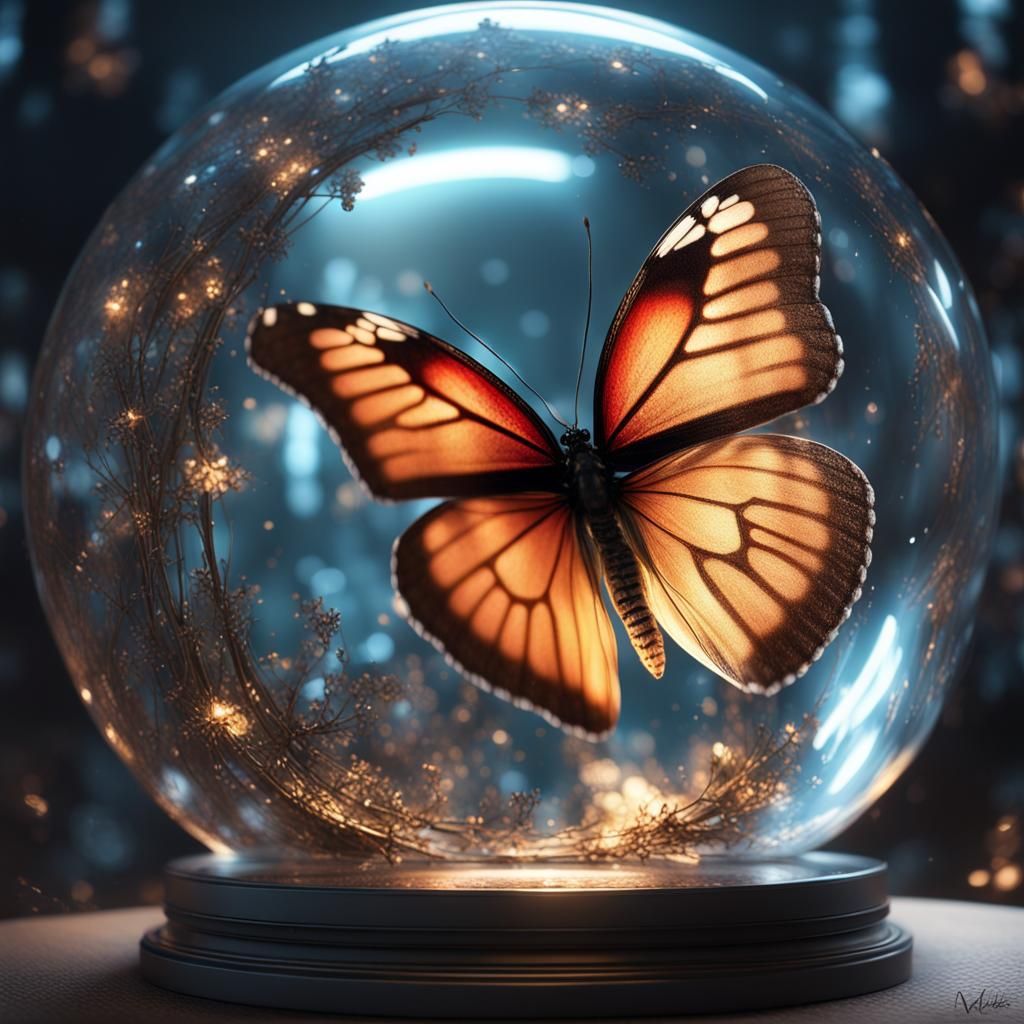 Butterfly in Sparkling Sphere with Dramatic Lighting