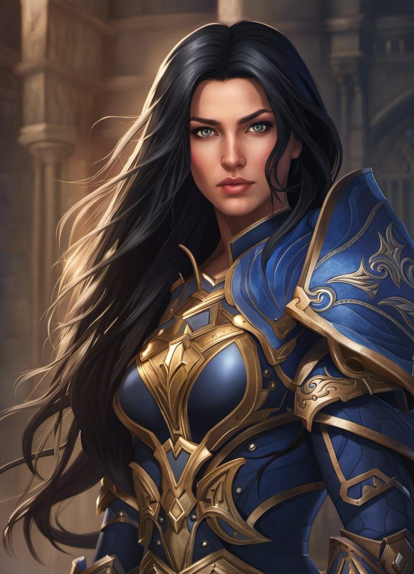 Beautiful Paladin in Dark Blue Armor Portrait