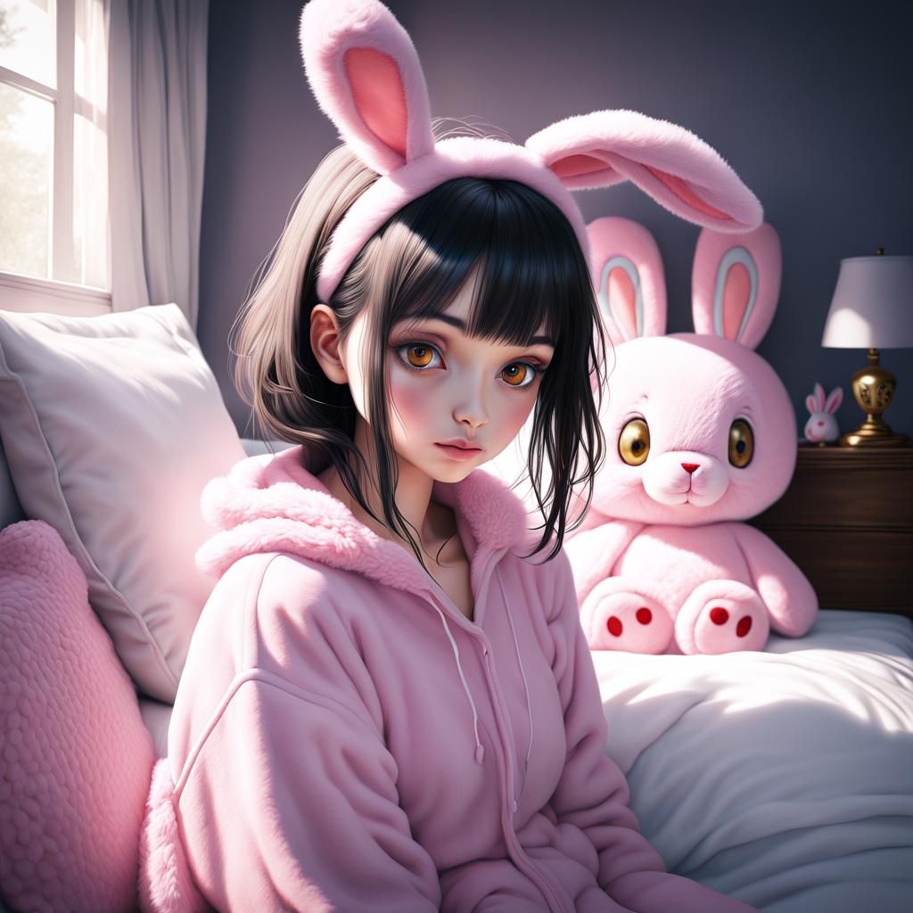 Anime Portrait of Woman in Bunny Onesie