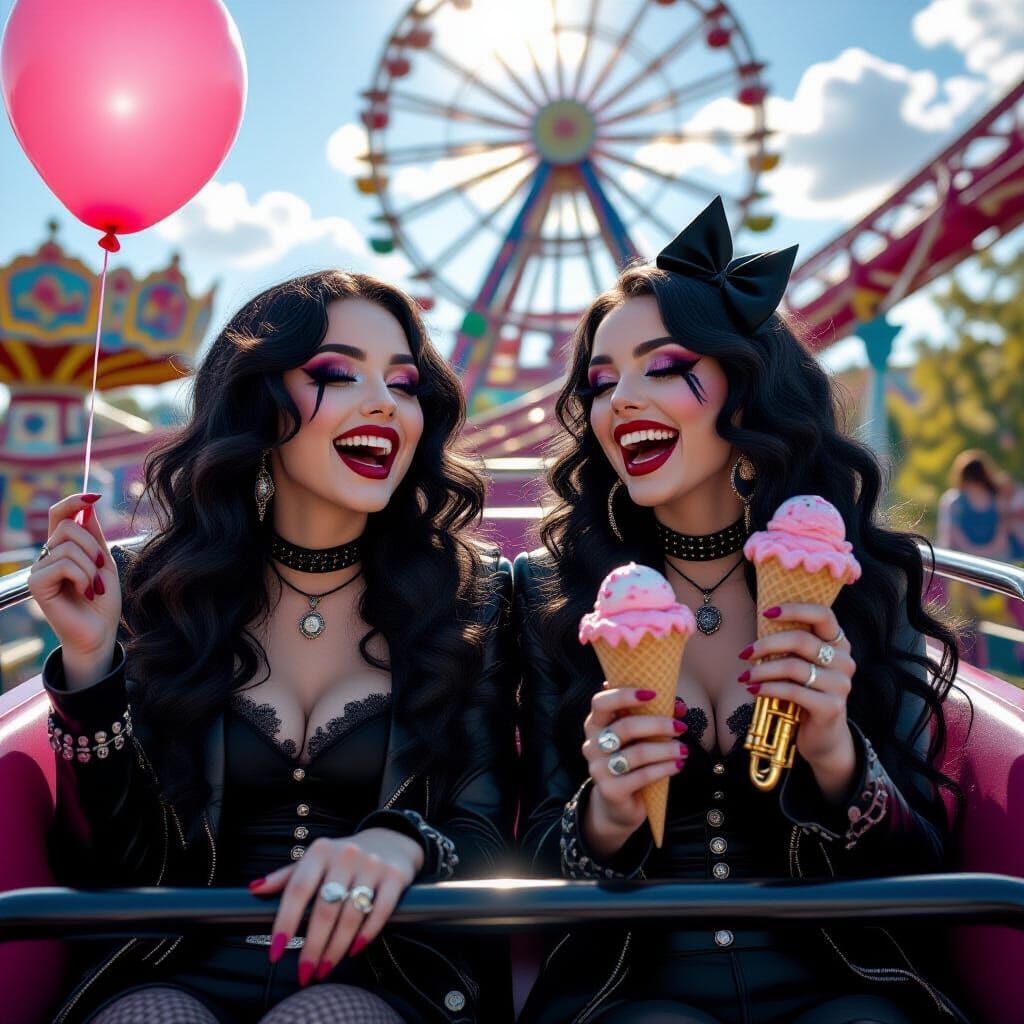 Two Goth Girls Laughing on Rollercoaster in Amusement Park