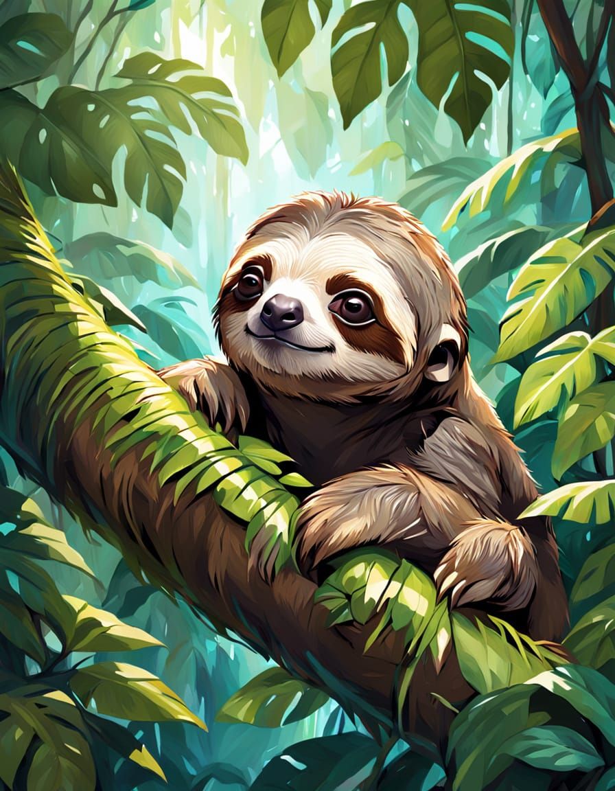 Cute Baby Sloth in Textured Mixed Media Painting