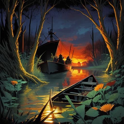 Swamp River Sunset with Wildflowers, Masterpiece