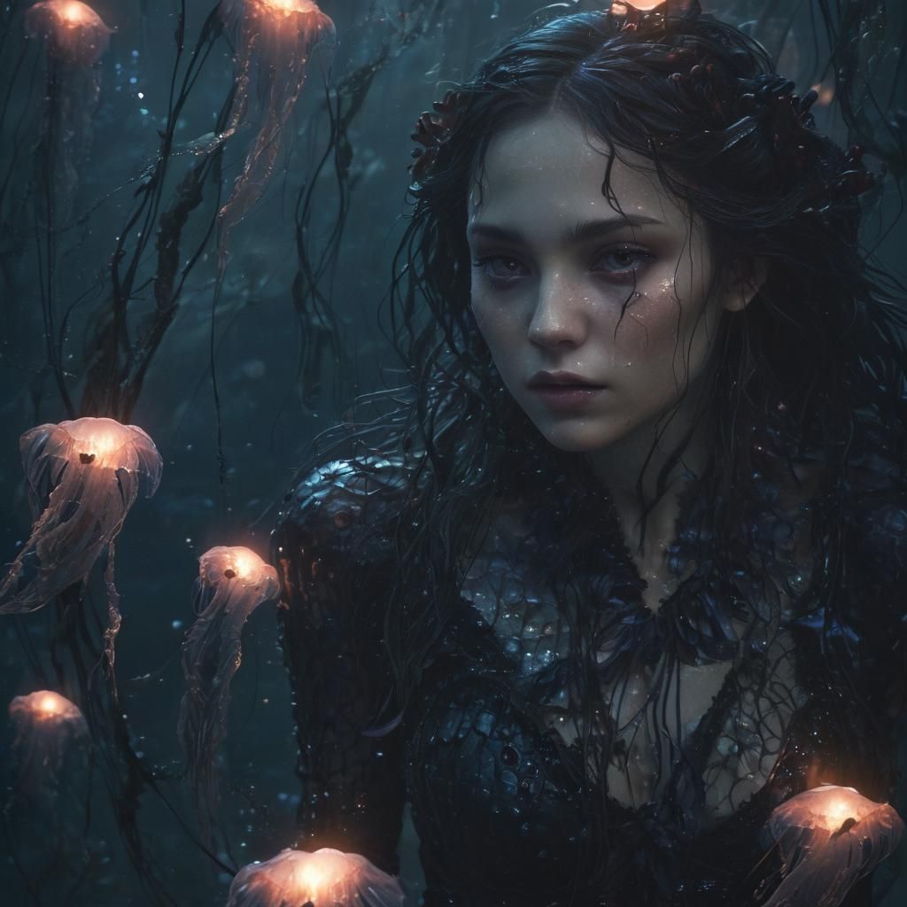 Vampiric Mermaid Rising from Murky Ocean Depths