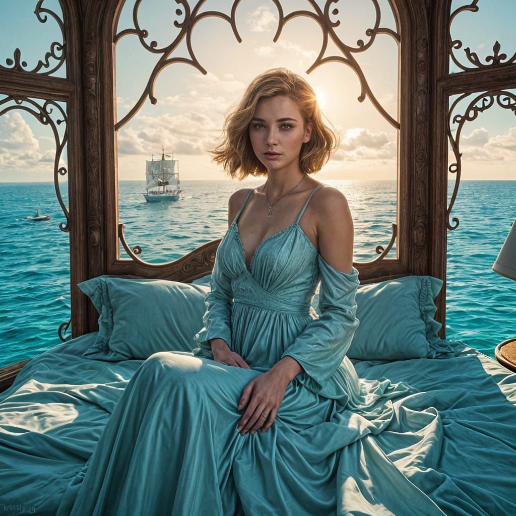 Woman in Canopy Bed with Ocean View