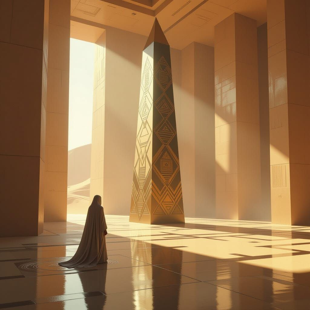 Colossal Obelisk in Minimalist Desert Chamber