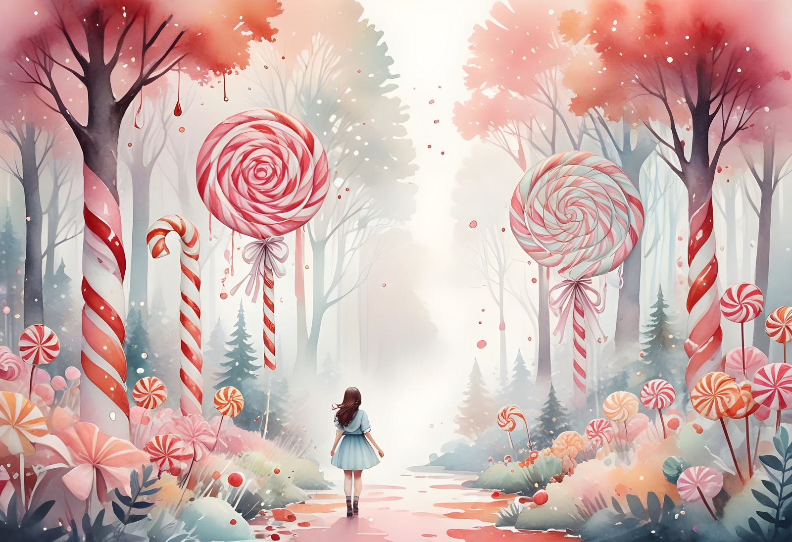 Candy Cane Forest Watercolor Illustration