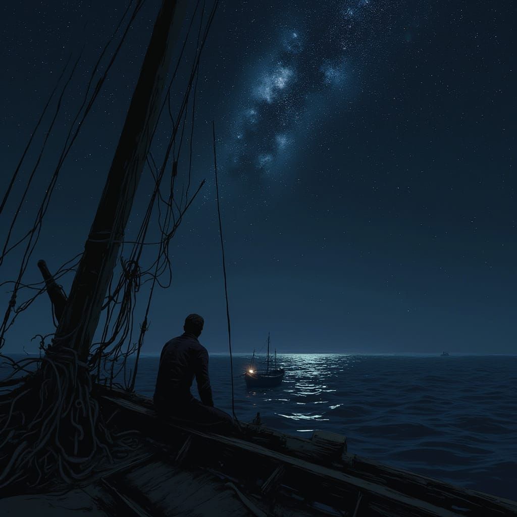 Man Stares at Dark, Still Sea Feeling Foreboding