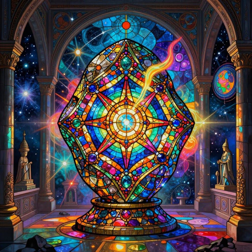 Luminous Philosopher's Stone in Ancient Shrine Stained Glass...