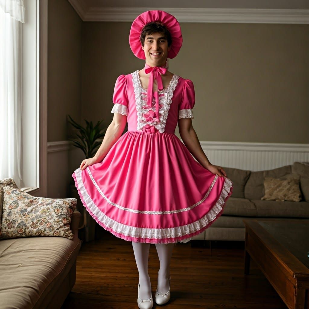 Young Man in Vibrant Pink Brolita Dress Smiles Warmly in Coz...
