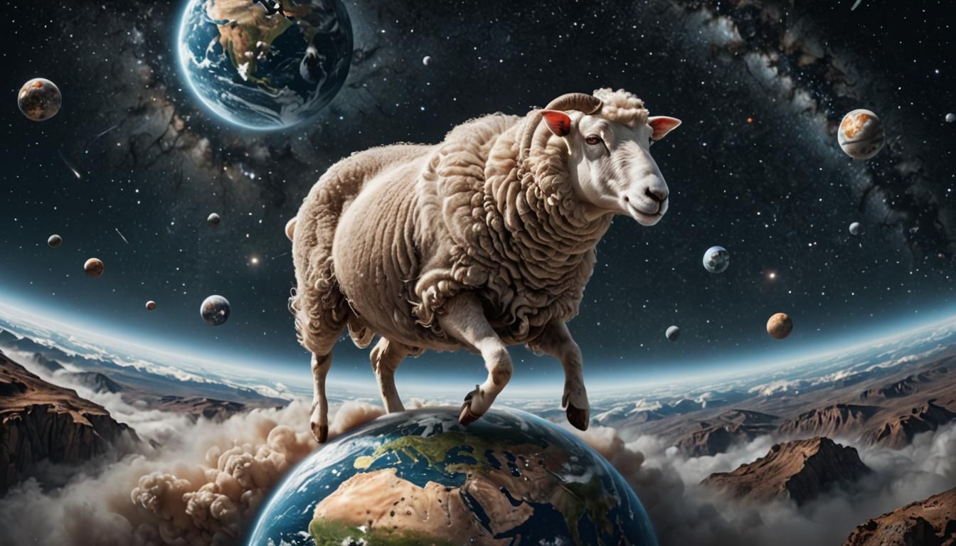Giant Sheep in Space Orbiting Earth: Hyperrealistic Renderin...