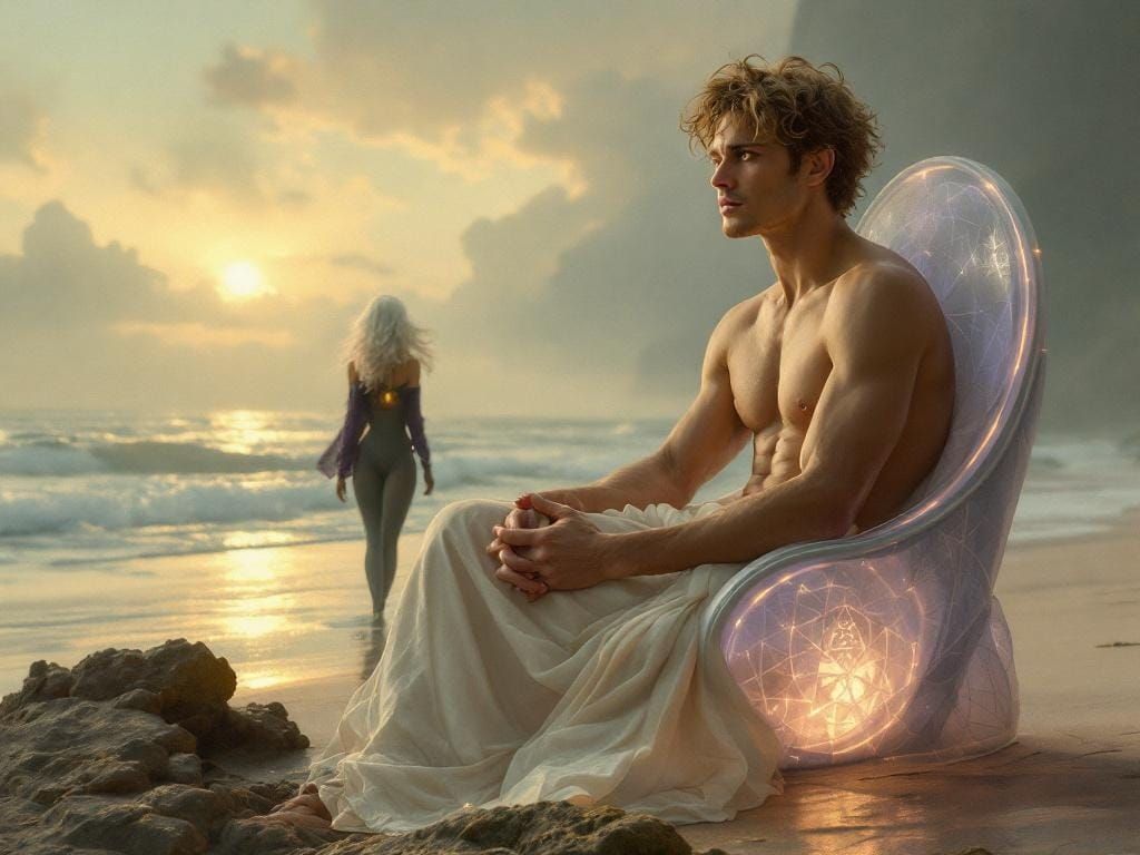 Peaceful Figure on Ocean Shore in Art Nouveau Style