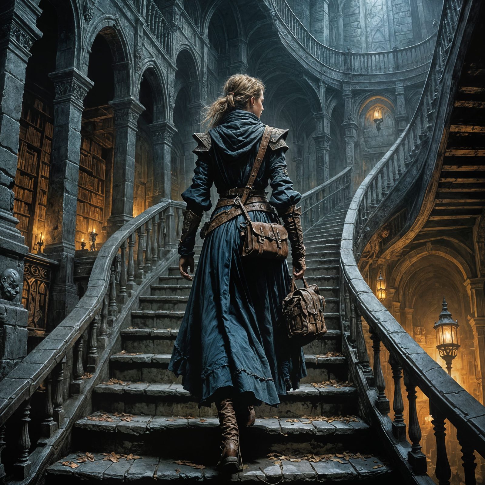 Dark Fantasy Adventurer Ascends Sinister Stairs