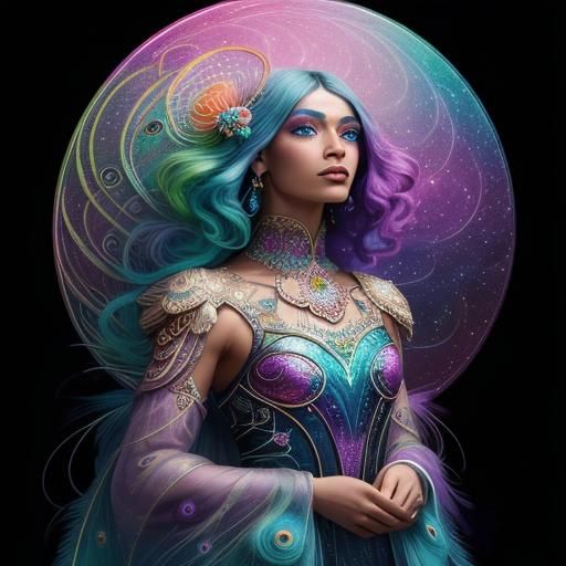 Cosmic Woman with Peacock Feathers in Dreamlike Style