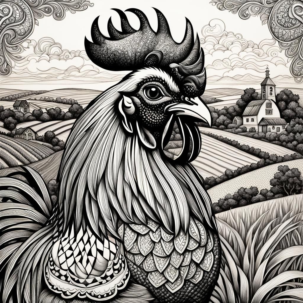 <lora:Tamara:1.0> (((Rooster))). Zentangle Tamara de Lempicka in the style of Louis Wain. Background of beautiful farm ...