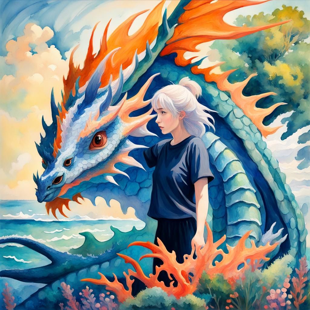 Anime Sea Dragon and Human in Gouache Style