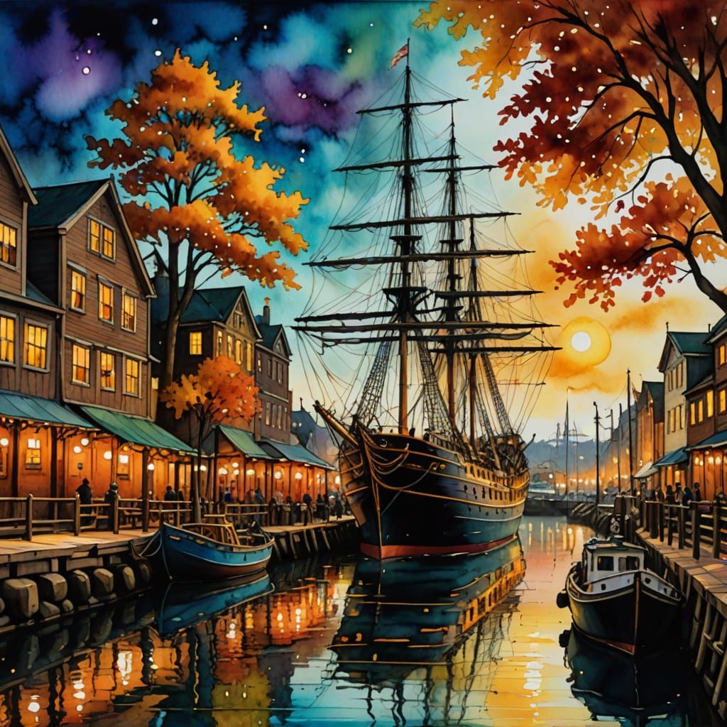 Autumn Port Scene: Tall Ship in Alcohol Ink Style